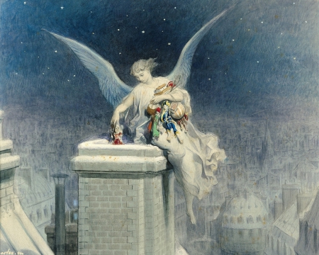 Christmas angel - winter, snow, fantasy, gustave dore, white, green, painting, wings, christmas angel, art