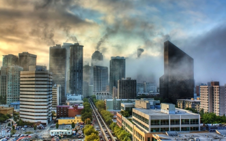 morning fog rising above a city - morning, fog, city, tracks, streets, skyscrapers