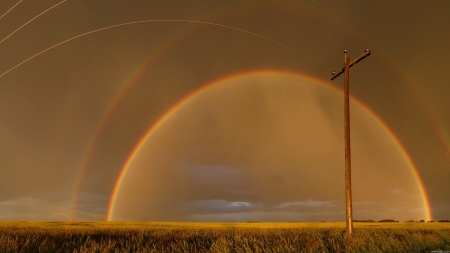 amazing view of rainbow - pole, rainbow, view, fields, circle, line