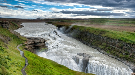 overlook of an amazing waterfall - river, waterfals, trail, grass, gorge