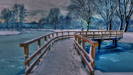 Frost - nature, frost, river, winter, bridge