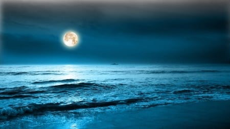 large full moon over the ocean - moon, beach, ship, waves, sea, bloe