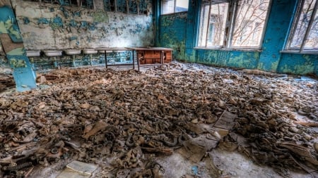 abandoned building in chernobyl hdr - gas masks, hdr, room, abandoned, sinks