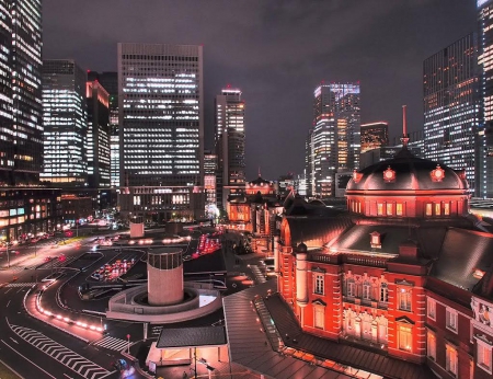 Tokyo Station - station, japan, nigjt, tokyo, scenery, city