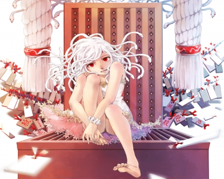 Bakemonogatari - woman, beauty, female, ribbons, columns, white, brown, art, pretty, anime, cute, lady, girl, long hair, lovely, snakes, red, beautiful, sweet, flowers, dress