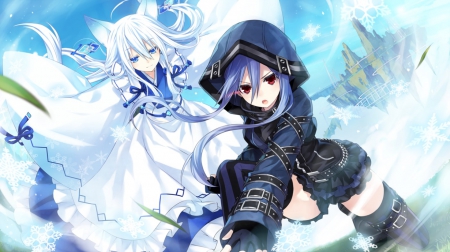 Fairy Fencer - girls, women, cute, beautiful, lovley, white, mountains, winter, beauty, sweet, anime, ladies, dress, warrios, blue, sky, clouds, female, snow, cape