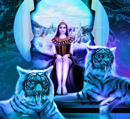 Blue Fantasy - tigers, winter, lady, fantasy