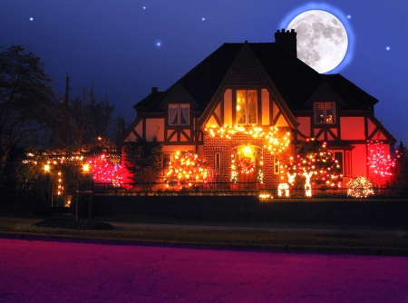 Christmas Lights - moon, sky, holidays, house, lights