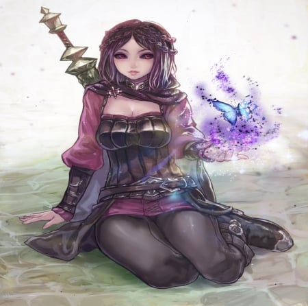 Magic Butterfly - woman, beauty, female, magic, black, white, lond hair, purple, pretty, grey, anime, sress, sword, cute, lady, girl, lovely, butterfly, blue, beautiful, pink, weapon, sweet