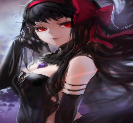 Sexy Girl - woman, beauty, female, black, red eyes, art, grey, pretty, anime, ribbon, cute, lady, sexy, girl, long hair, gloves, lovely, red, beautiful, tie, top, sweet