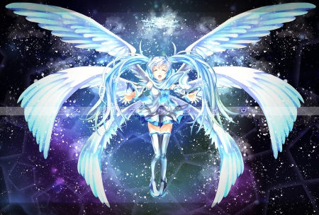 Angel Miku... - Starry Sky, Vocaloid, Cute, Yuki, Hatsune Miku, Blue Clothes, Ribbons, Happy, Angel, Ponytail, Blue Hair, Angel Miku, Night Sky, k2pudding, Wings, Vocaloids, Song, Blue, Snow, Tie, Scarf, Hatsune, Sweet, Blue Socks, Night, Miku, Long Hair, Sky, Singing, Beautiful, Flying, Blue Outfit, Blue Shoes