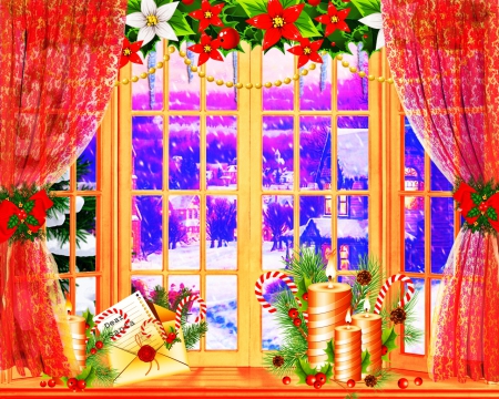 Merry Christmas - decoration, window, christmas, candles