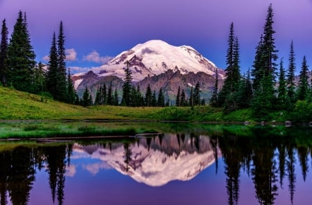 Snowy mountain - sky, lake, trees, mountain, peaks, serenity, calm, quiet, reflection, snow, snowy