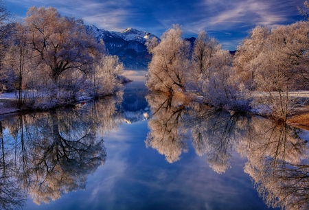 Winter reflections - calm, quiet, reflections, snow, mountain, shore, frost, lake, sky, trees, winter, beautiful, mirrored, lovely, river, ice, frozen, serenity