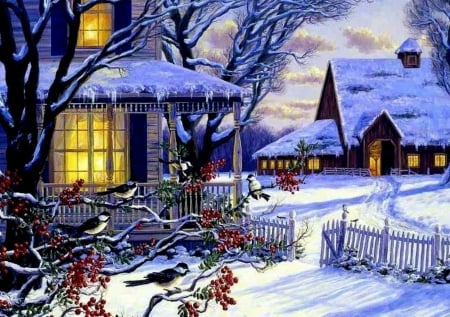 Winter village - sky, trees, peaceful, countryside, cottages, painting, art, calmness, dusk, birds, houses, winter, lovely, christmas, village, beautiful, snow, lights