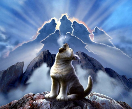 Howling Dreams - cub, shadows, mountains, fantasy, pup, wolf, wolves, spirit, blue, artwork, cute