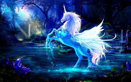 Sparkling crystal unicorn - glow, fantasy, fairytale, sparkling, forest, unicorn