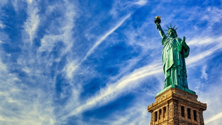 the beautiful statue of liberty - clouds, monument, lady, statue, sky