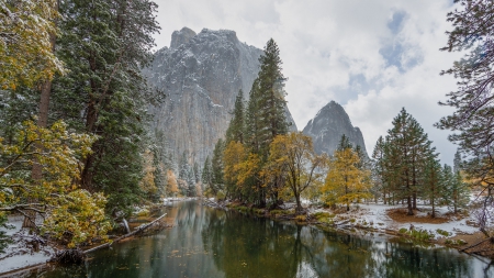 beautiful yosemite river in late autumn - autumn, trees, cliff, snow, river, overcast