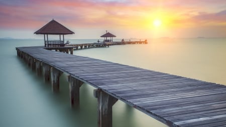 gazebos on a pier on a misty sea - pier, sunset, gazebos, sea, mist