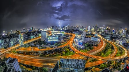 lightning storm over bankok city highways hdr - clouds, hdr, city, lightning, highways