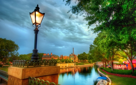 Cloudy day - sky, clouds, river, park, lamp post