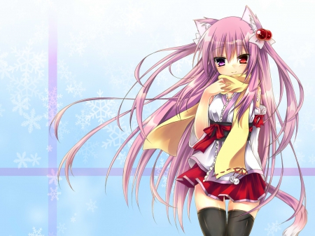 Sweet Neko Girl - pretty, anime, yellow, female, blue, pink, long hair, red, art, neko, beautiful, cat ers, girl, beauty, lovely, sweet, white, lady, woman, cute