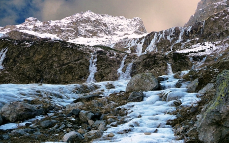 Mountain Waterfall in Winter - nature, snow, river, waterfalls, mountains