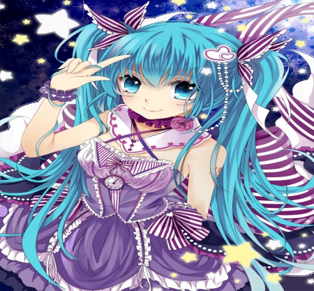 Vocaloid - woman, beauty, aqua, female, ribbons, white, purple, anime, cute, lady, girl, long hair, necklace, lovely, blue, beautiful, sweet, smile, flower, dress