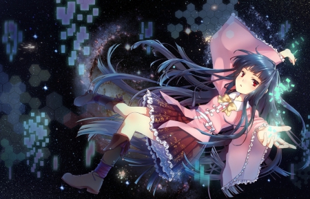 Houraisan Kaguya - anime, skirt, boots, houraisan kaguya, long hair, stars, red eyes, space, touhou, black hair, bow