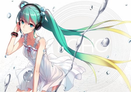 ~Echo~ - hatsune miku, blue eyes, long hair, ponytails, blue hair, vocaloid, headphones, anime, dress