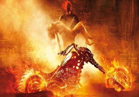 Ghost Rider - woman, ghost rider, flames, bike