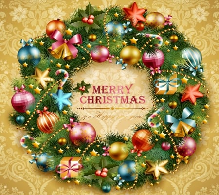 Merry Christmas!!! - bows, beads, bells, stars, colorful, wreath, holiday, ornaments, decorations, Christmas, candy canes