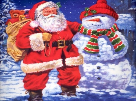 Santa's Friend - winter, artwork, snowman, christmas, snow