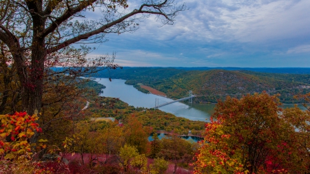 the bear mountain bridge over the hudson river - view, autumn, forests, river, bridge