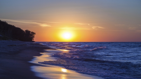 magnificent sunset on michigan lakeshore - lake, sunset, shore, dunes, bushes