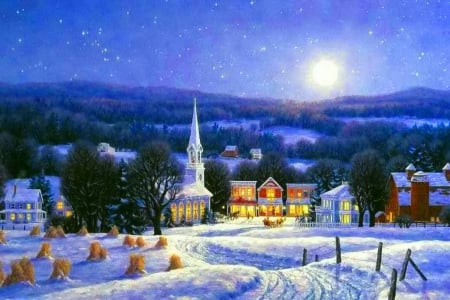 Winter moonlight - moon, slope, sky, trees, peaceful, night, winter, path, cottages, village, cold, evening, frost, snow, moonlight