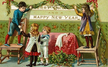 Merry Christmas! - mistletoe, happy new year, child, christmas, retro, vintage, red, green, card