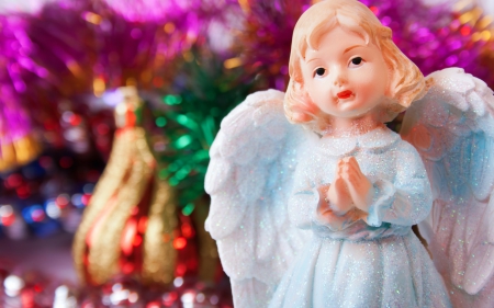 Christmas angel - angel, wings, christmas, white, pink, red, green, globe, blonde