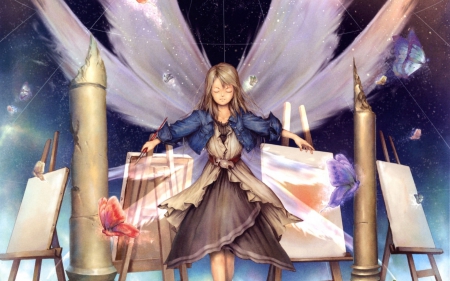 Art angel - nice, beauty, sky, angel, magic, anime girl, fantasy, brown hair, art, pretty, game, cool, anime, cute, butterflies, winge, stars, night, long hair, beautiful, sweet, awesome, lights, dress