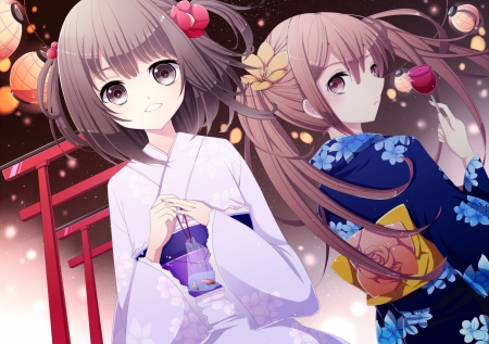 Just smile like this! - pretty, anime, dress, night, long hair, flowers, short hair, friends, nice, anime girls, lamps, brown eyes, game, beautiful, beaurty, kimono, brown hair, cool, sweet, smile, awesome, lights, cute