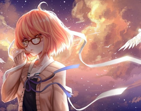 kuriyama mirai - pretty, anime, birds, blonde, short hair, purple, art, sky, ribbons, clouds, beautiful, girl, beauty, lovely, sweet, sweather, white, sunset, glasses, lady, woman, cute