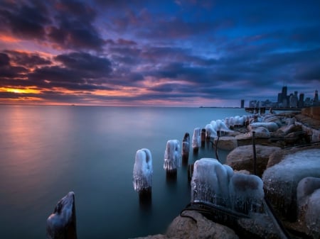 Winter in Chicago - chicago, winter, city, sunset, sea, usa