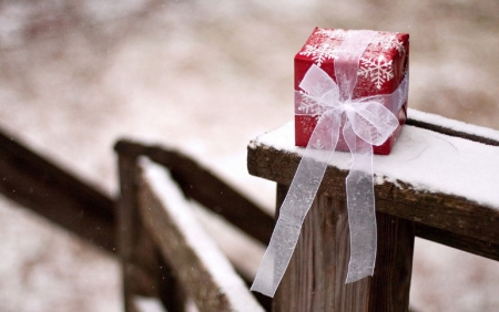 With Love - winter, snow, holidays, fence, love, sweet, snowflake, red, ribbon, gift