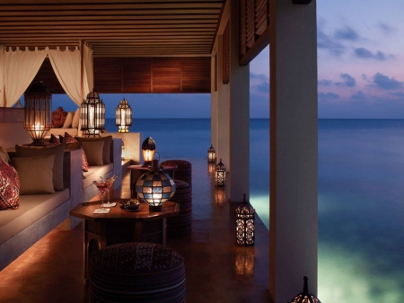 Four Seasons Resort Maldives at Landaa - beauty, ocean, maldives, travel, paradise, warmth, east, serenity, lanterns, leisure, interior, island, lights