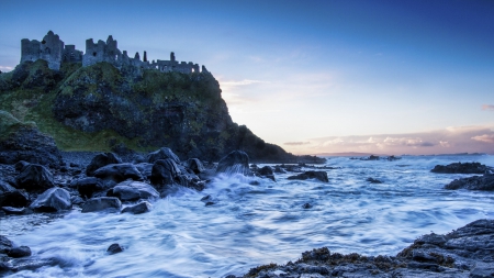 ancient castle ruins on rugged sea coast - ruins, cliff, castle, cost, sea, rocks