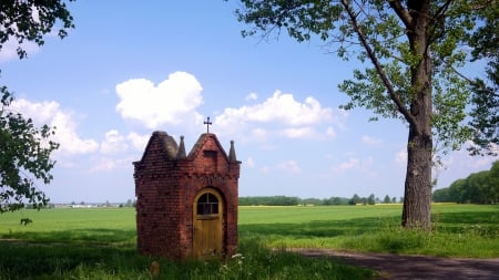 roadside shrine in the czech republic - fields, clouds, shrine, tree, road