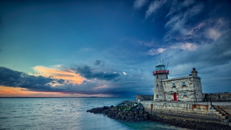 wonderful lighthuse - lighthouse, sundown, clouds, sea, wharf, rocks