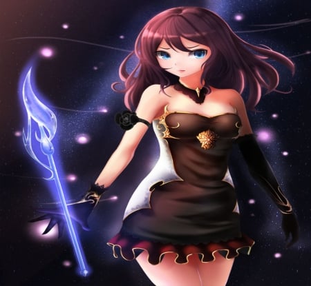 Cute Lady - pretty, anime, female, blue, pink, long hair, purple, art, sparkle, beautiful, girl, beauty, lovely, sweet, glow, black, white, necklace, lady, woman, cute, gloves