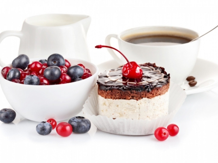 Coffee and Cake - delicious, coffee, cherry, food, berry, blueberry, cake, fruits